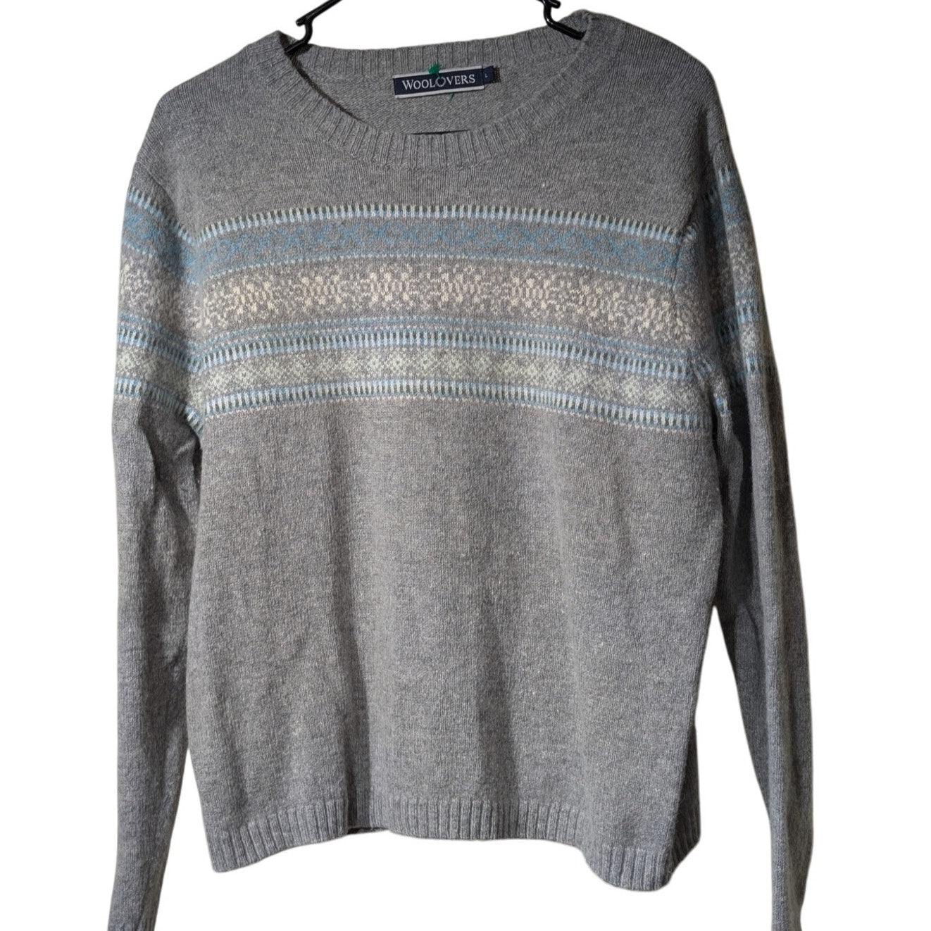 Woolovers Gray Blue Fairisle Crew Neck Pullover Long Sleeve Sweater Size L