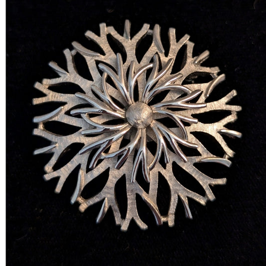 Crown Trifari Signed Vtg Abstract Flower Brushed & Polished Silver Tone Brooch