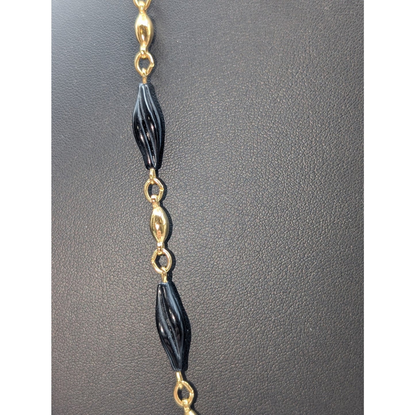 Vintage Trifari Gold Tone Black Carved Twisted Cylinder Glass Bead 31" Necklace