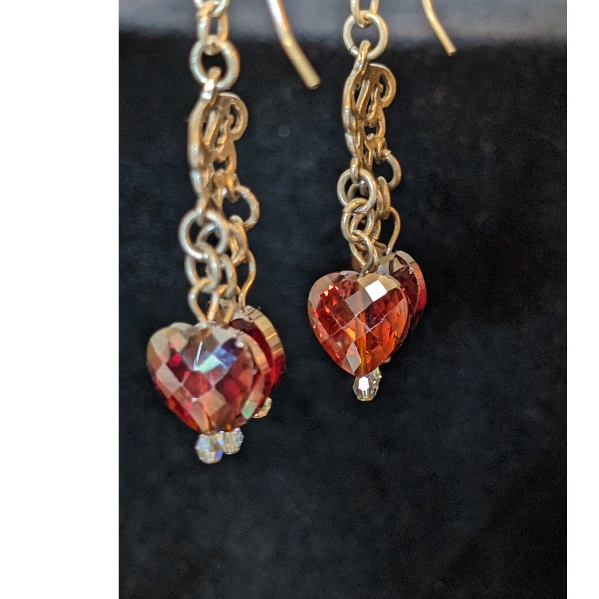 925 Sterling 'Bleeding Heart' Three Faceted Crystal Garnet Color Dangle Earrings