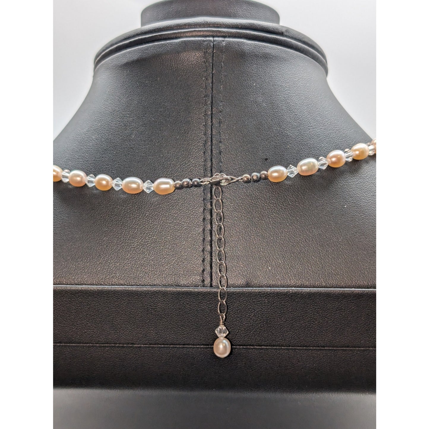 Pale Pink Freshwater Pearl Bicone Crystal Beaded 925 Sterling Silver Necklace
