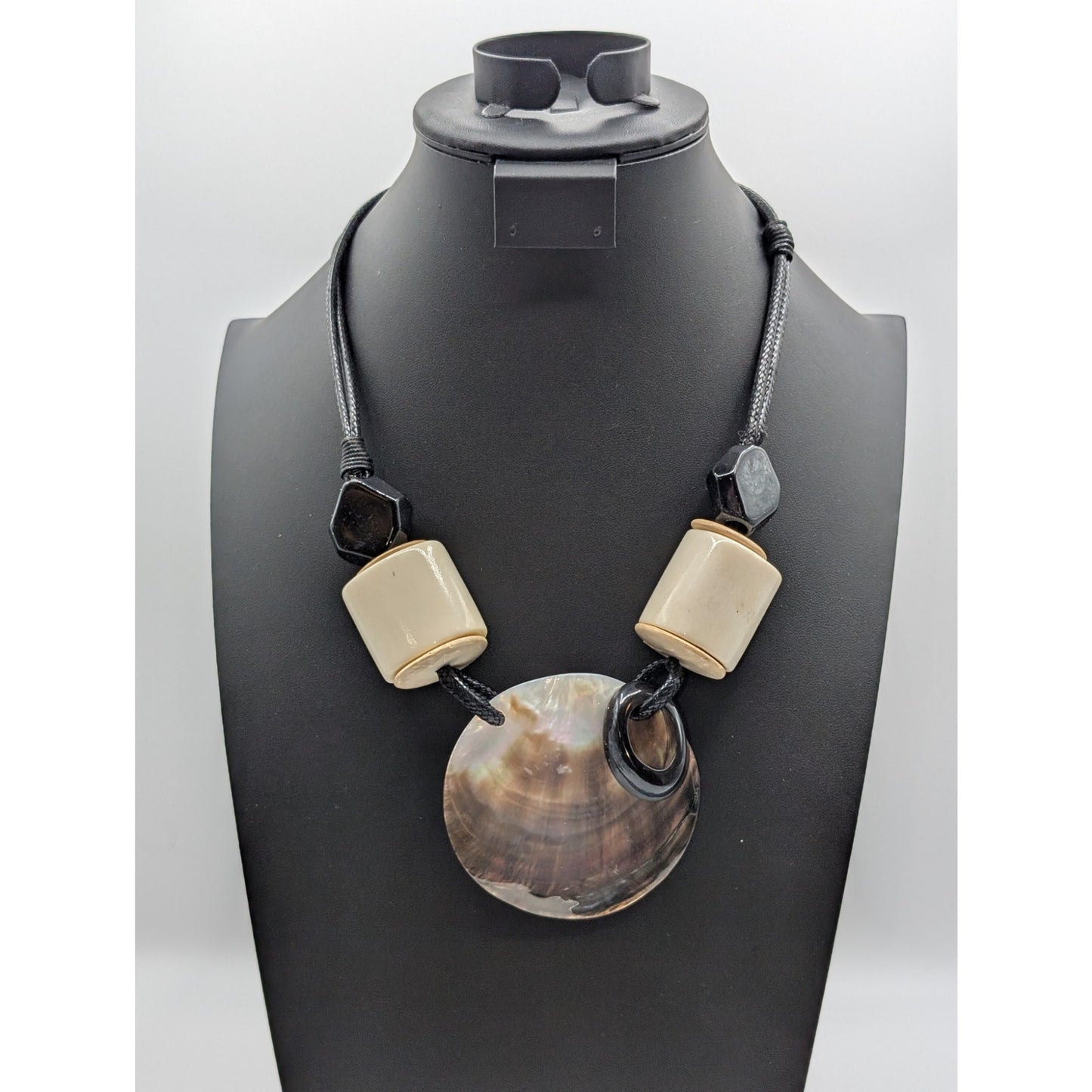 Chunky Barrel Bead Large Shell Pendant Avant Garde Corded 21.5"-24.5" Necklace