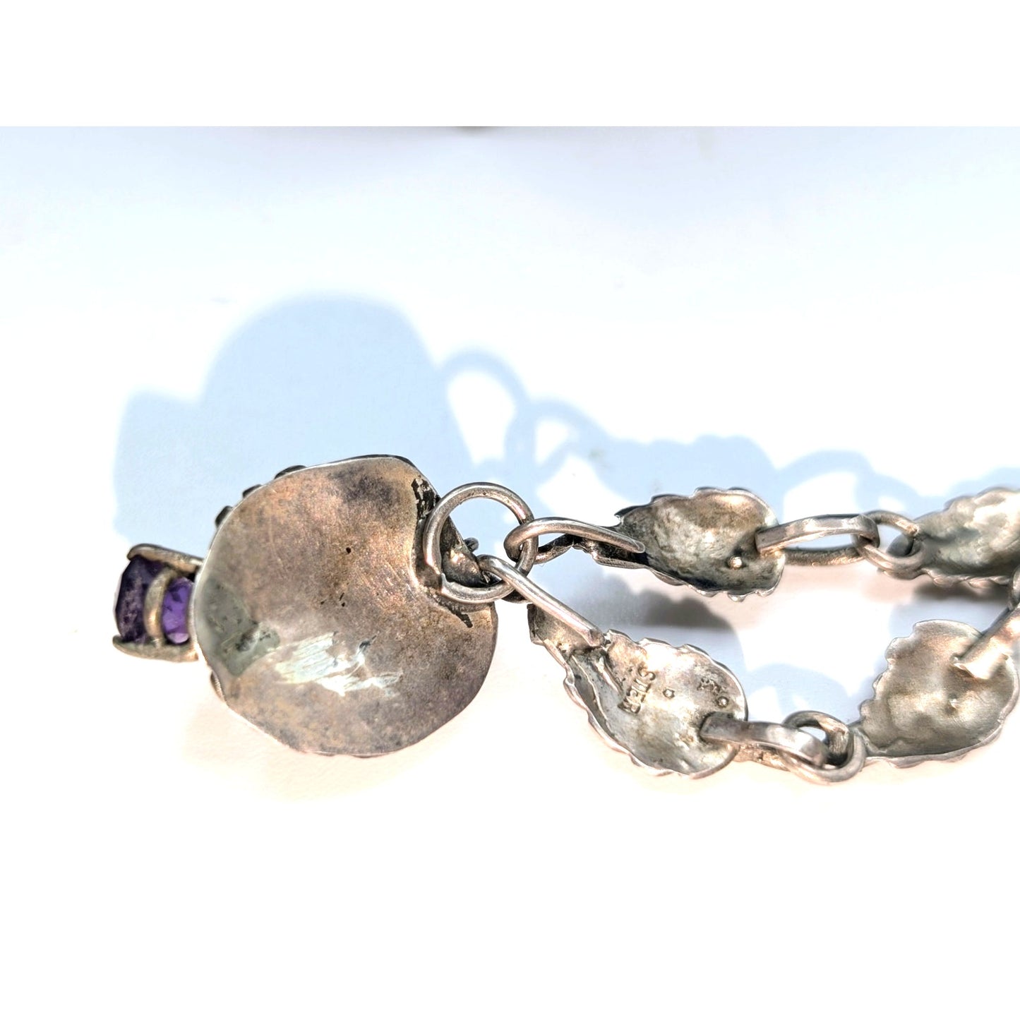 Vintage 925 Sterling Silver Purple Gemstone Leaf Flower Design 20" Necklace