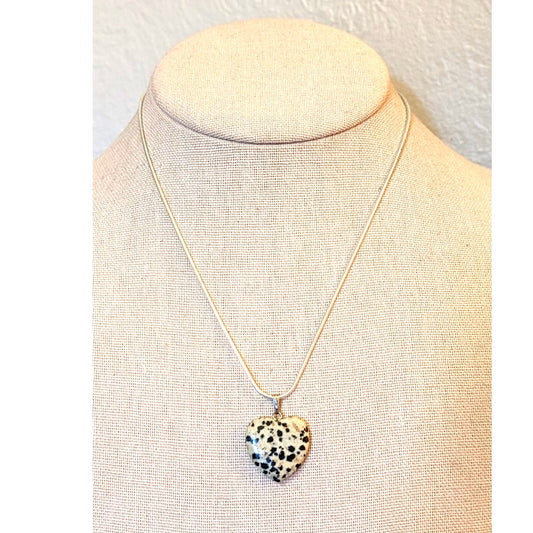 Dalmatian Jasper Heart Silver Tone 16" Necklace