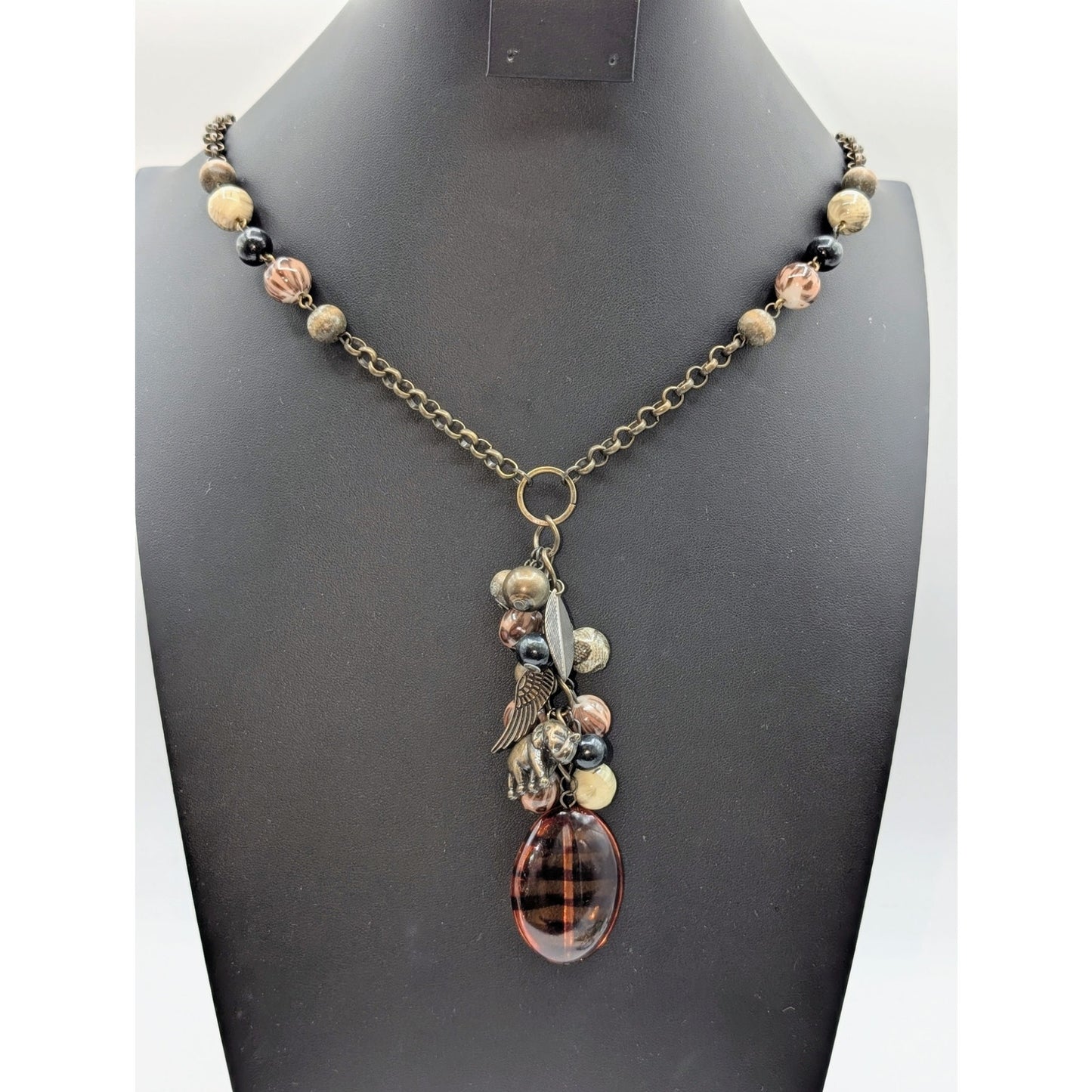 Antiqued Chain Animal Print Beaded Charm Cluster Drop 30" Necklace