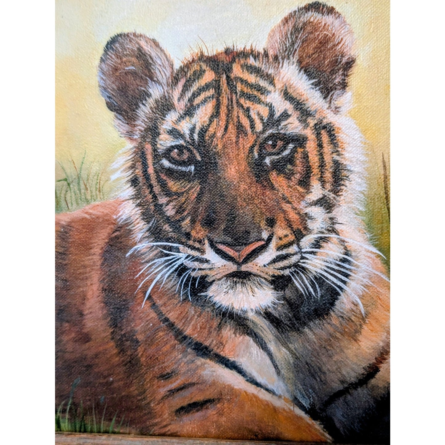 Vintage Original Wood Framed Tiger Painting on Canvas Signed Marianne