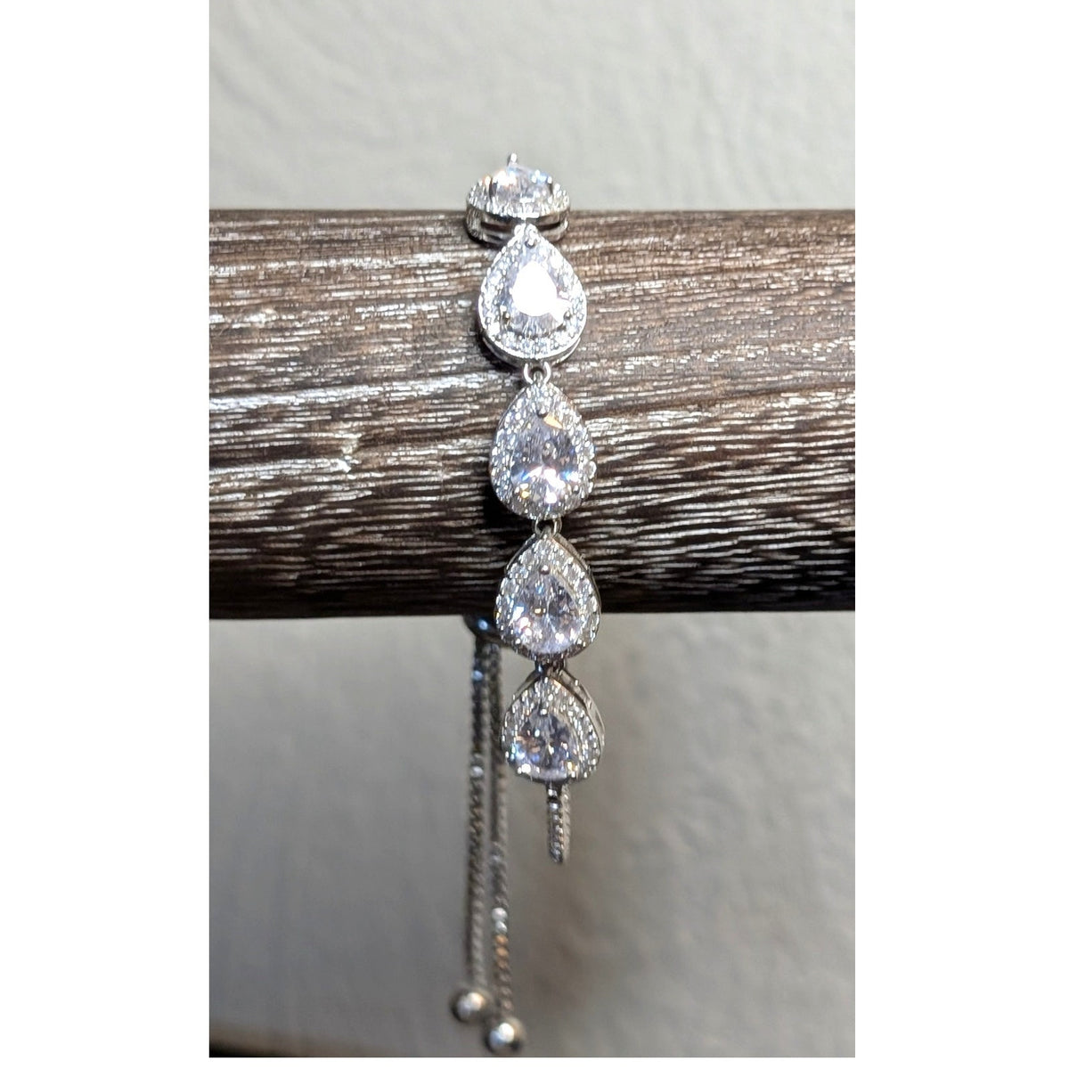 Teardrop Halo CZ Tennis Adjustable White Gold Plated Silver Tone Pull Bracelet
