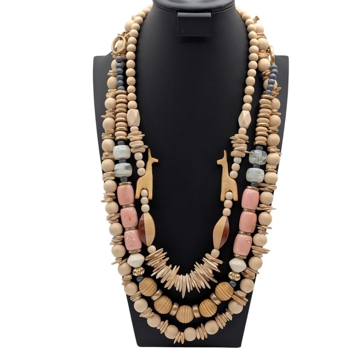 Lot of Three Chunky Boho Tribal Wood Carved Animal Acrylic Bead Necklaces