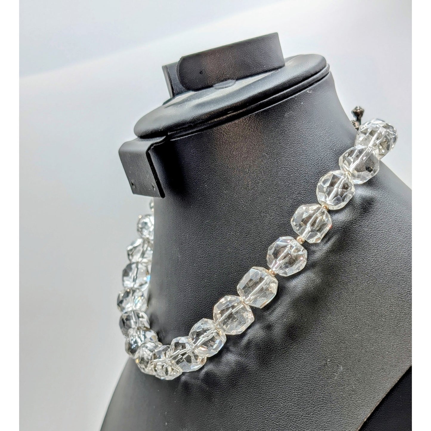 Vtg 925 Sterling Chunky Faceted Cut Rock Crystal Quartz Toggle Clasp Necklace