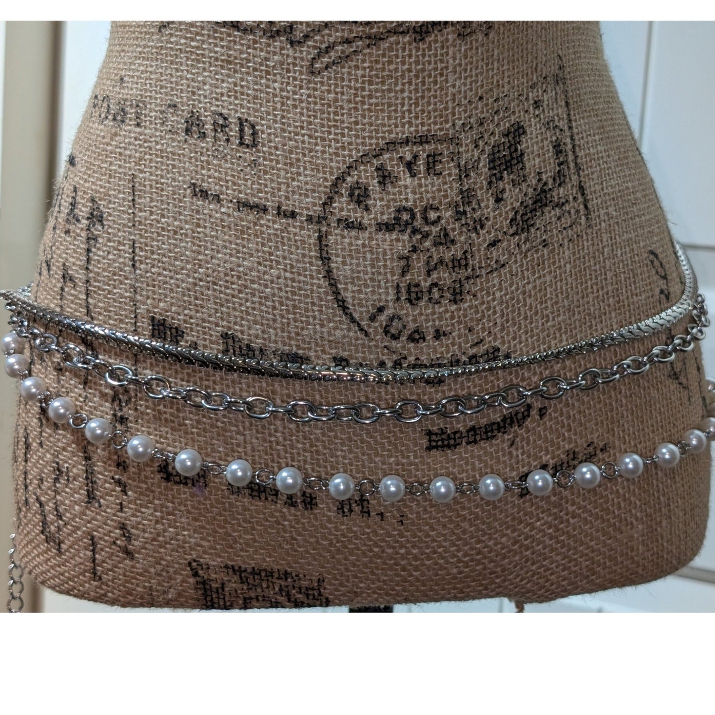 Vintage Silver Tone Three Strand Faux Pearl & Chain Link Belt 34"-45"