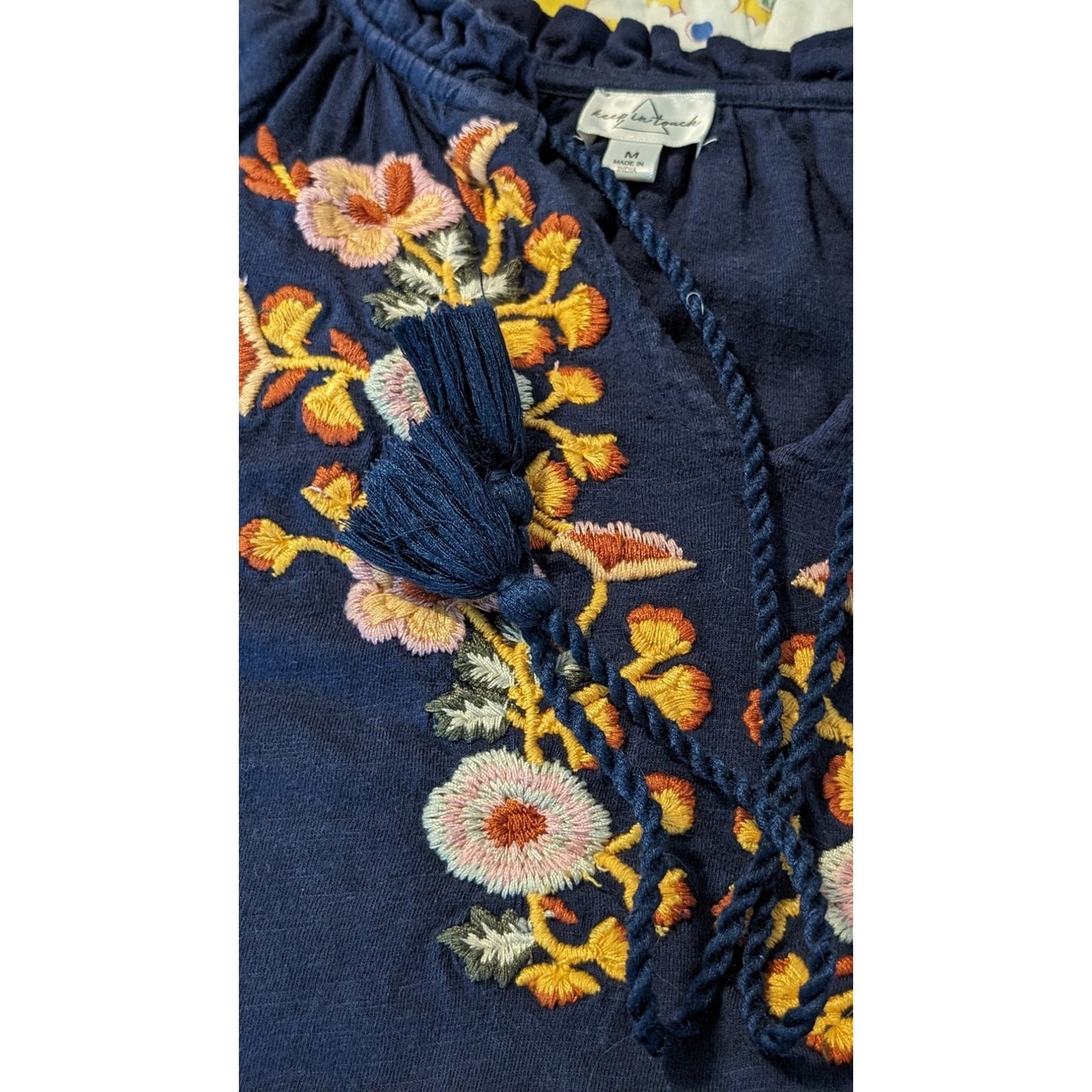 Keep in Touch Floral Embroidered Bell Sleeve Tie Ruffle Neck Top Womens Sz M