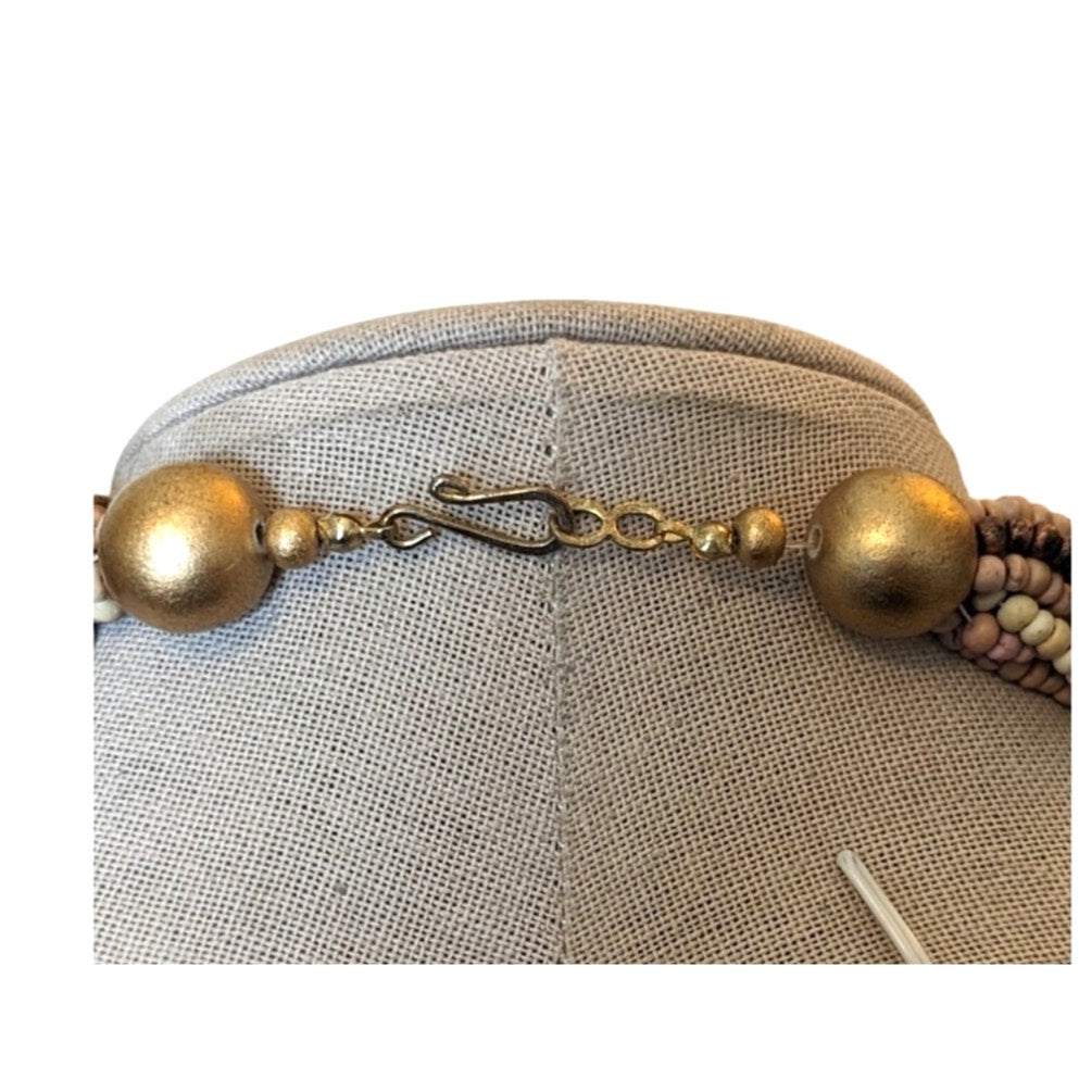 Vintage Twelve Strand Guilded Wood Bead Necklace W/ Hook Clasp