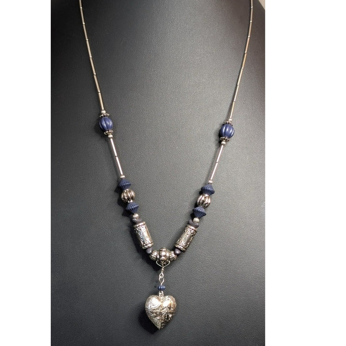Etched Silver Tone Puffed Heart Dangle Pendant Blue Bead Bugle Bead 24" Necklace