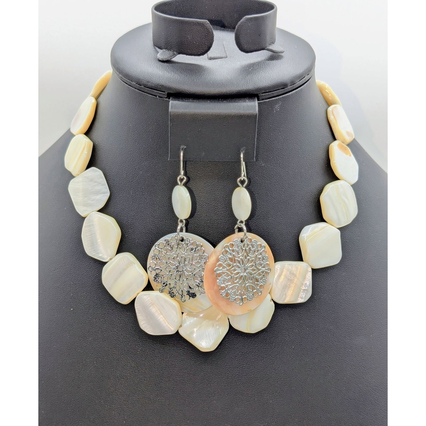 Vintage MCM Mother of Pearl 17" Necklace & Dangle Earring Jewelry Set