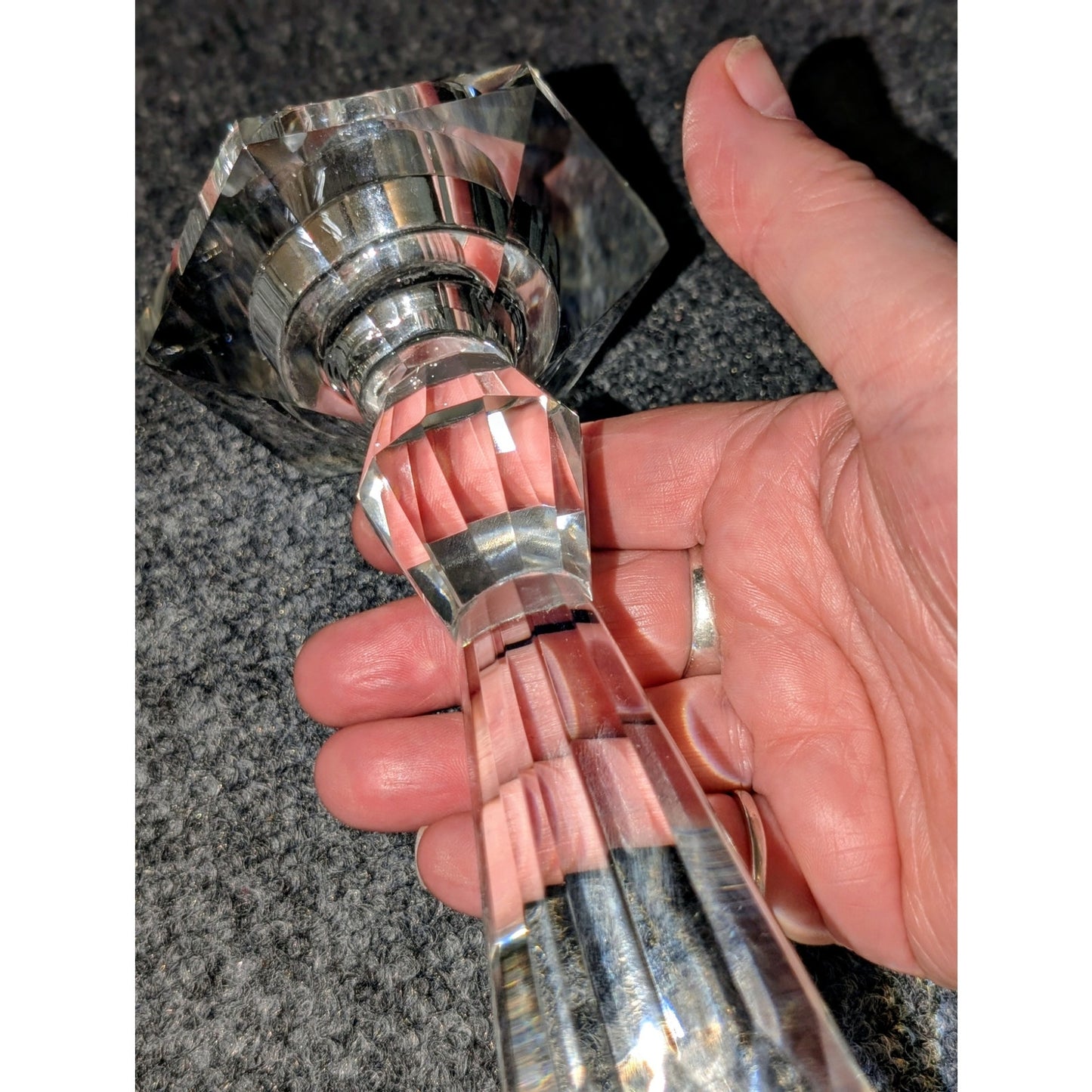 Set of Two Heavy Faceted Lead Crystal Candle Holders 11" & 9" Tall