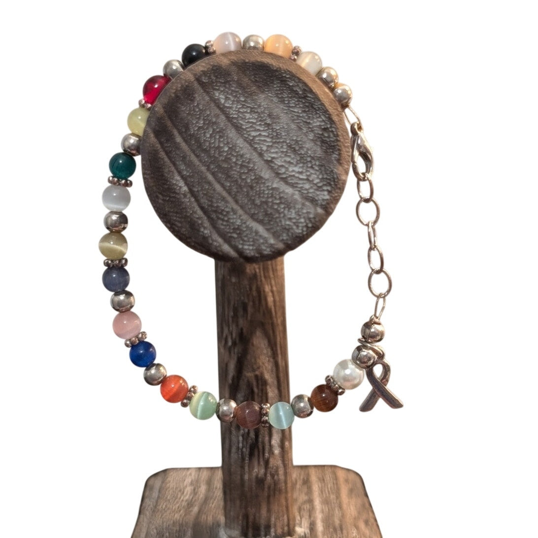 Silver Tone Multi-Color Cat Eye Bead Ribbon Charm Bracelet