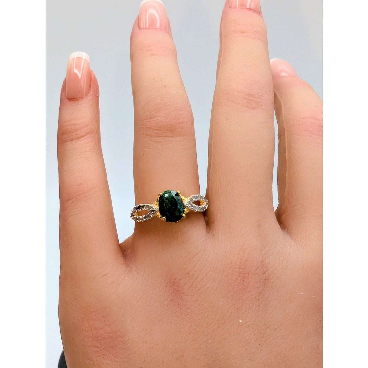 925 Vermeil (Yellow Tone) RT Green Sapphire & Diamond Ring Size 7