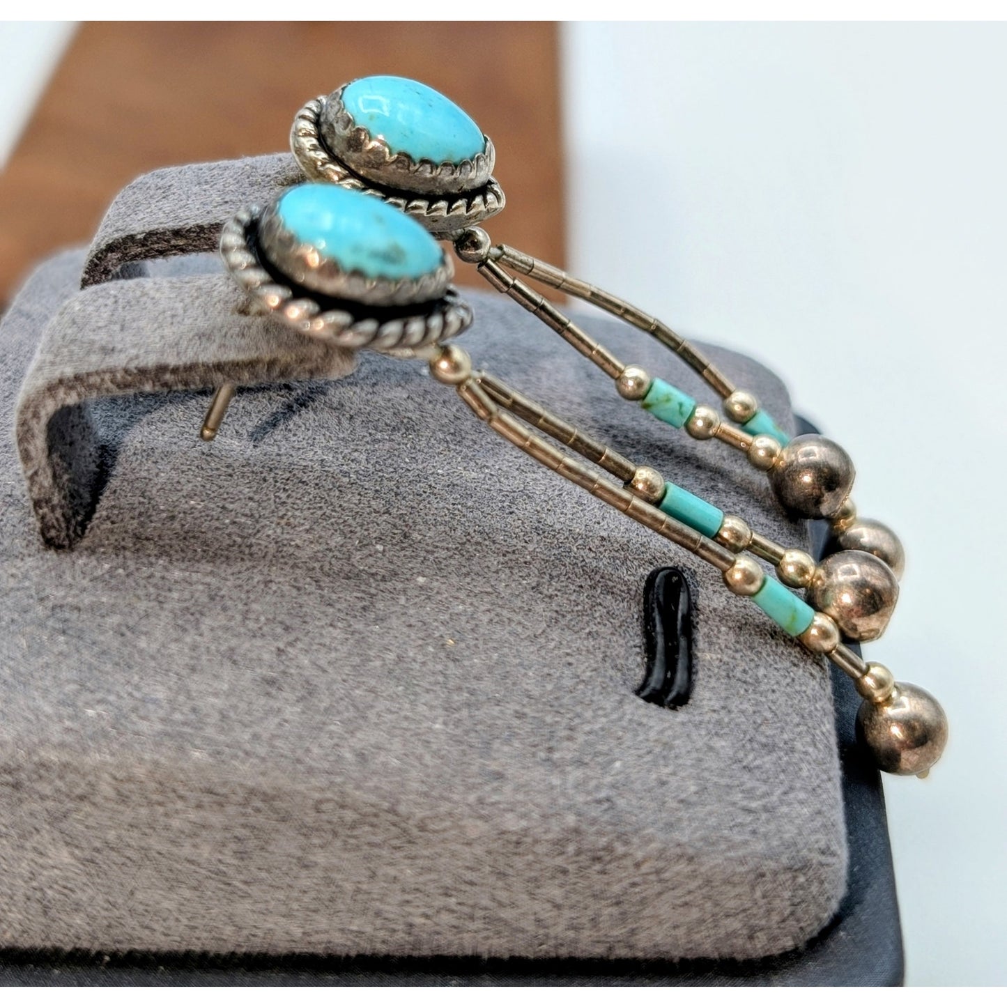 Navajo Native American Indian Sterling Silver Turquoise Dangle Pierced Earrings