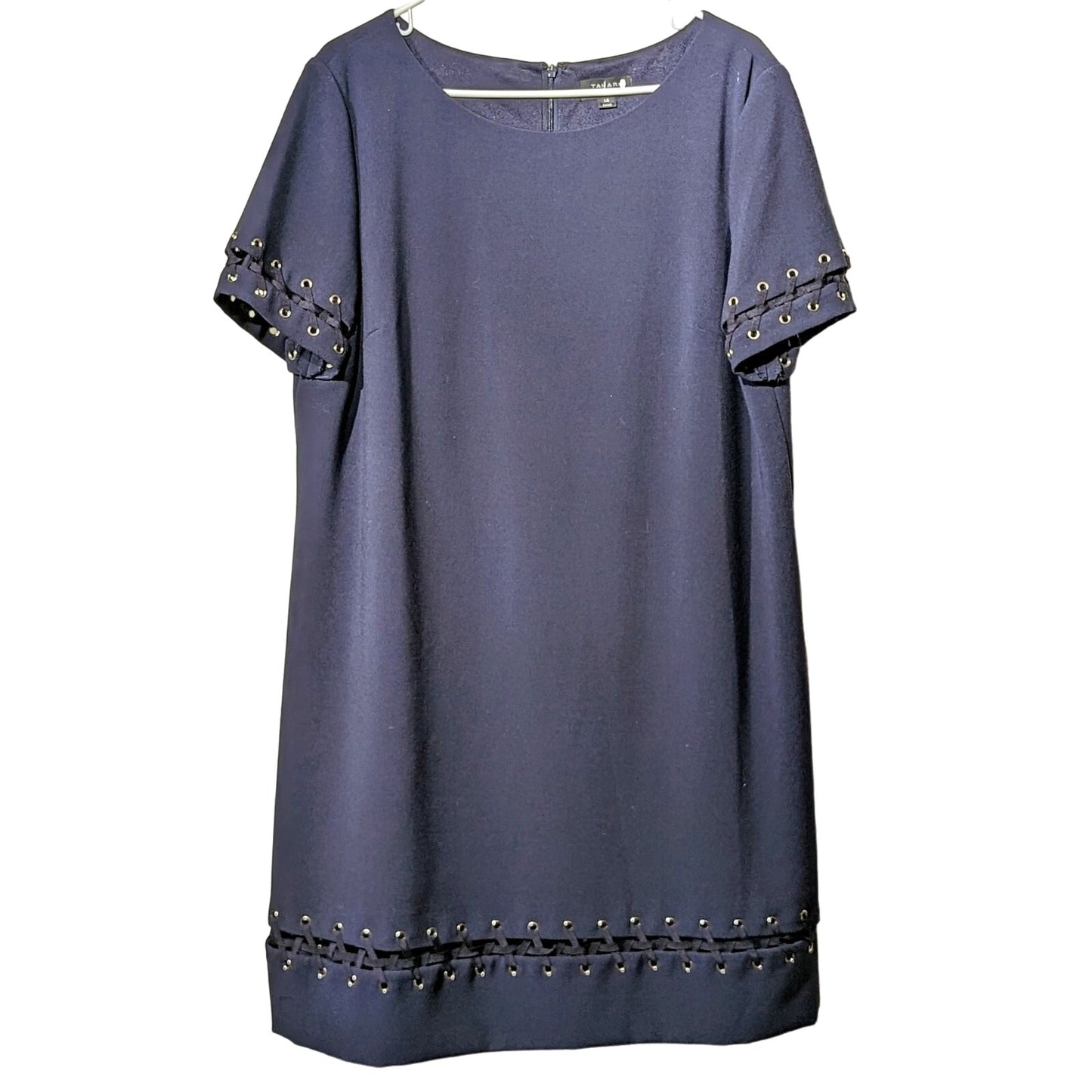 TAHARI by ASL 'Melisa' Grommet Crossgrain Ribbon Laced Shift Dress Womens Sz 14