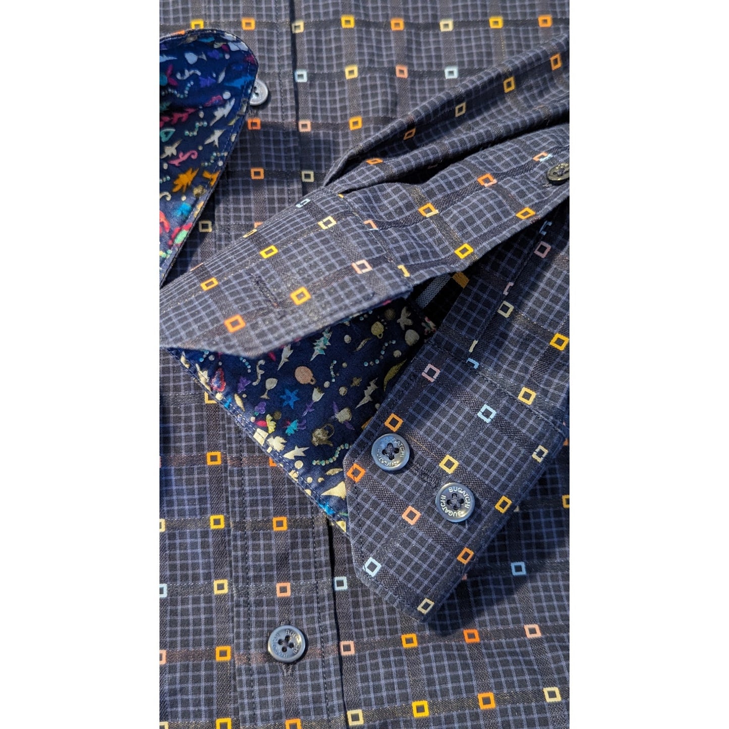 Bugatchi Uomo Men's Blue Check Long Sleeve Button Down Shirt Size L