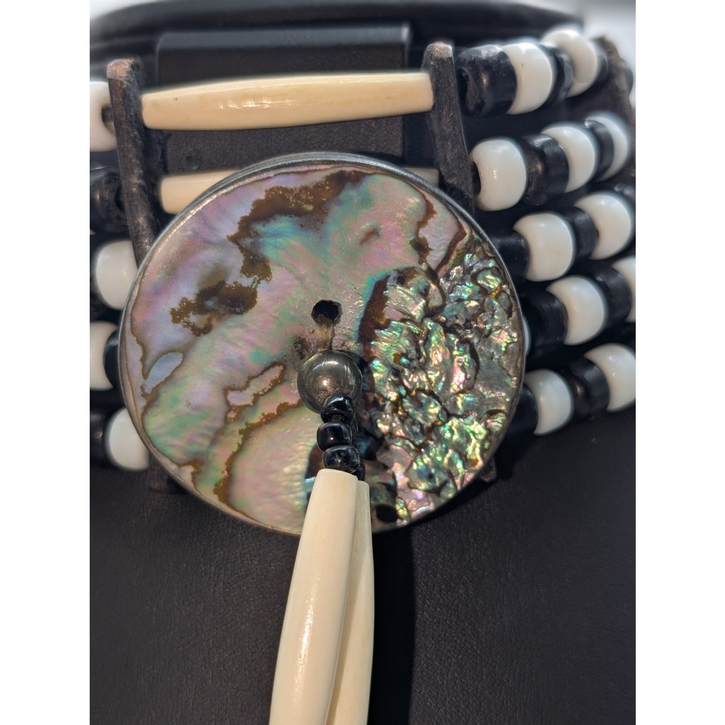 Native American Abalone Disc 5 Strand Bone Hairpipe & Glass Bead Leather Choker