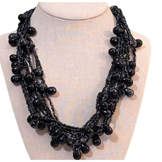 Chunky Black Glass Multi-Strand Seed Bead and Teardrop Bead Necklace