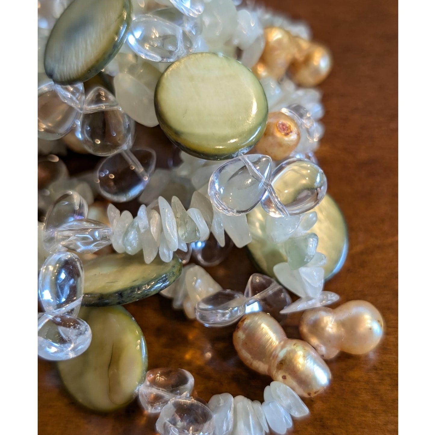 58" Long Green Coin Shell Stone Chip Gold Pearl Glass Teardrop Lariat Necklace