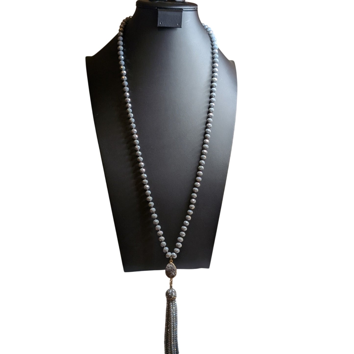 Boho Blue Gray Glass Czech Bead Druzy Sparkle Bead Tassel Necklace