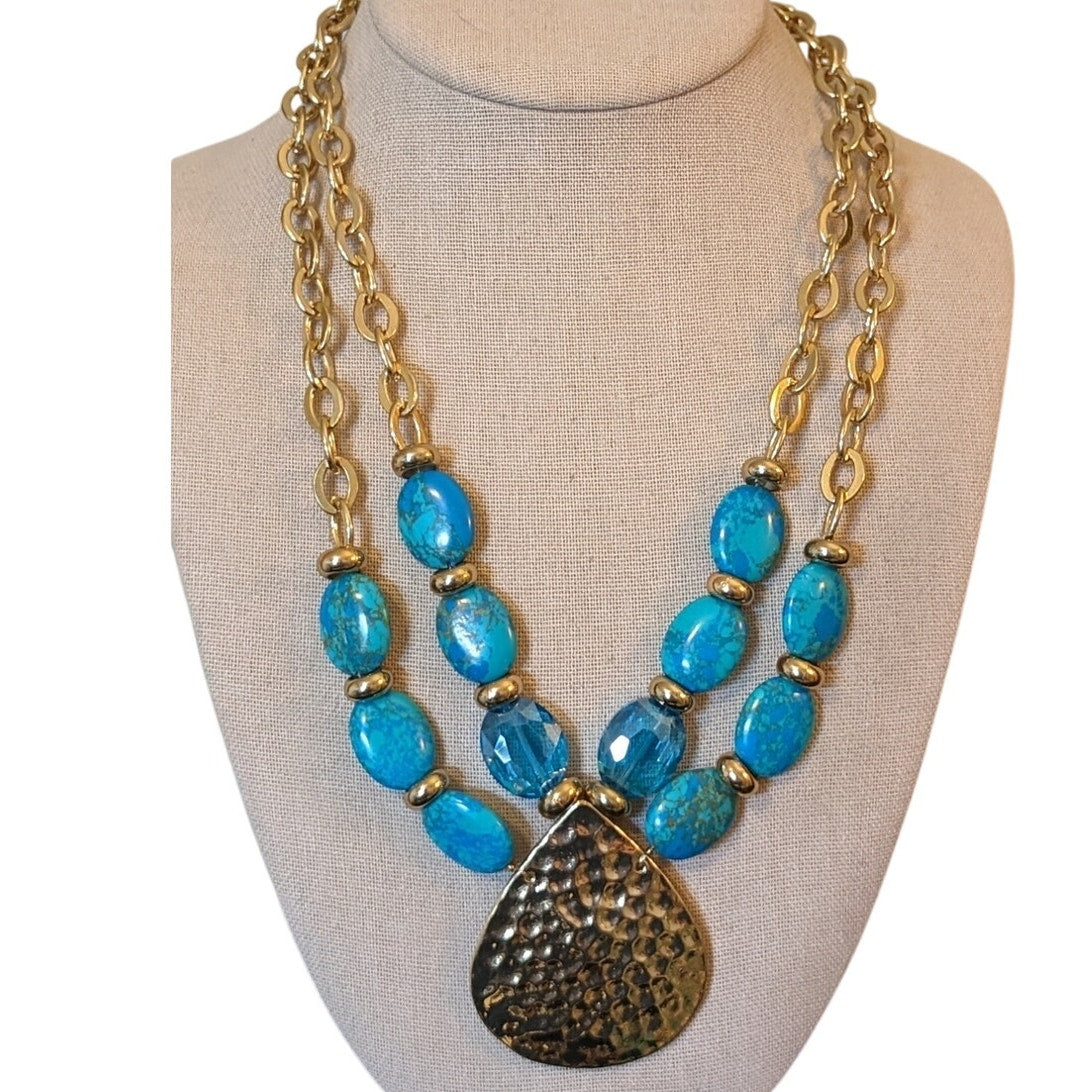 KR Blue Stone Gold Tone Chain Hammered Pendant Double Strand Necklace