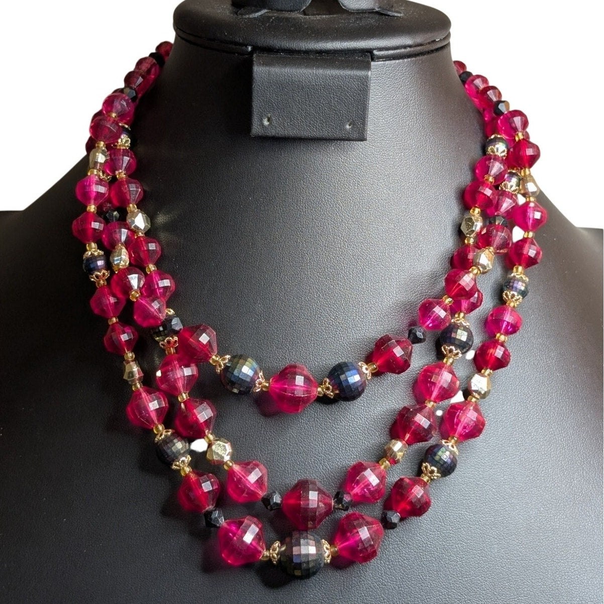 VTG Signed Western Germany Pink Gray Faceted Three Strand Acrylic Bead Necklace