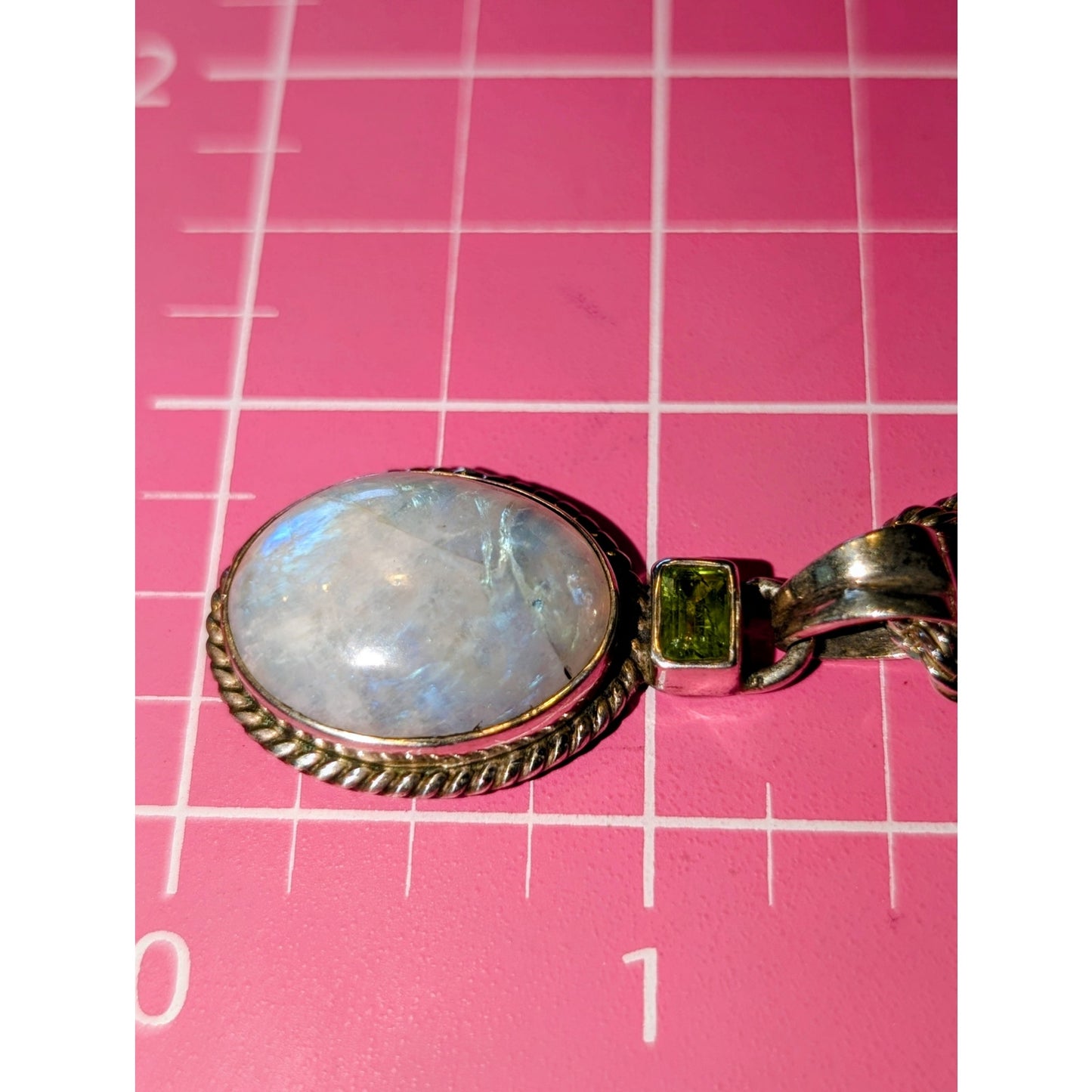 Vintage Sterling Silver 925 Moon Stone & Peridot Pendant Rope Chain 18" Necklace