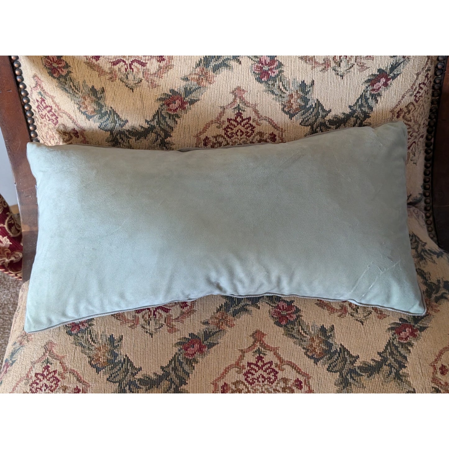 Lt Celadon Gray Trim Chamois Like Cloth Zippered Duck Feather Insert Pillow