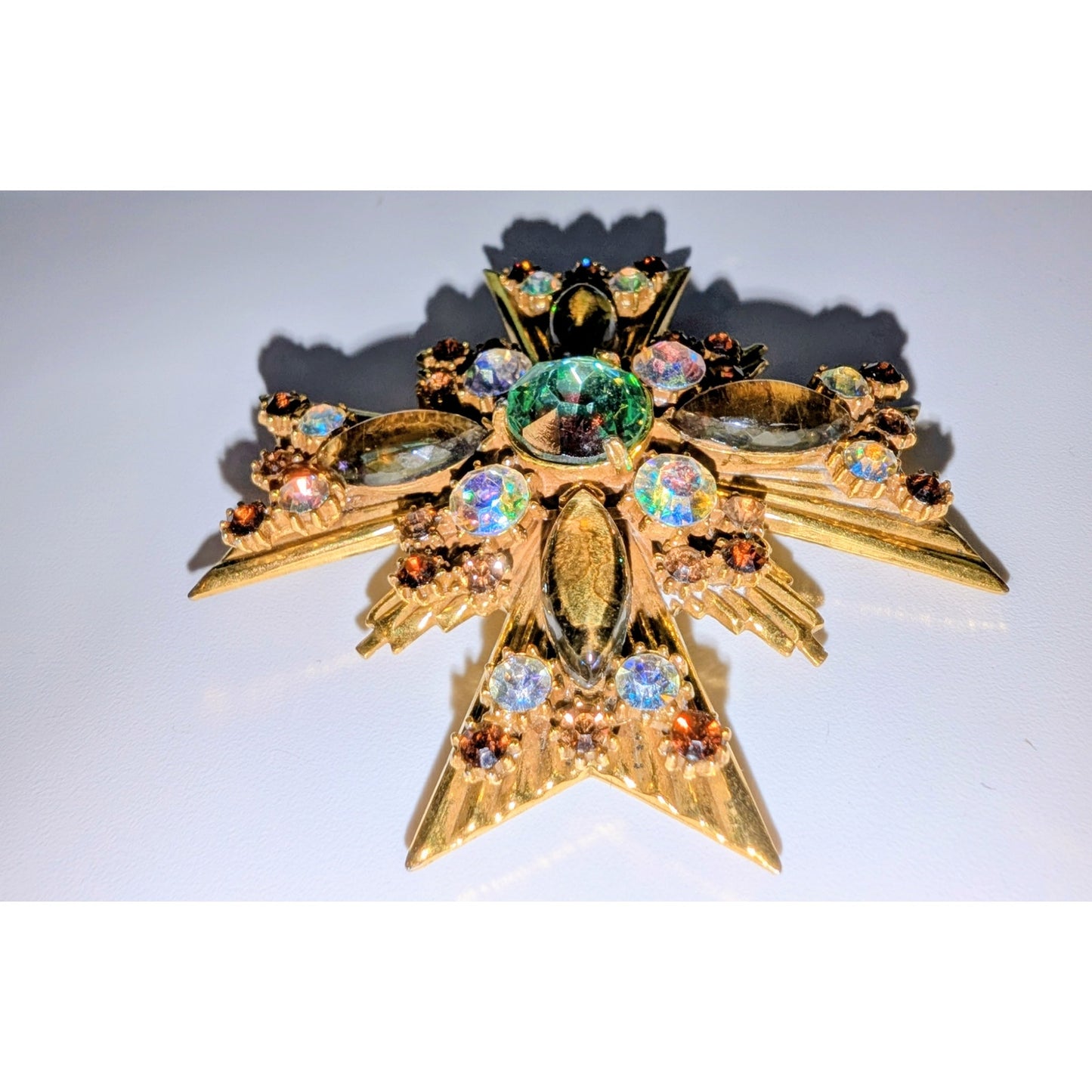 Vintage Florenza Watermelon Maltese Cross Rhinestone Art Glass Brooch Pendant