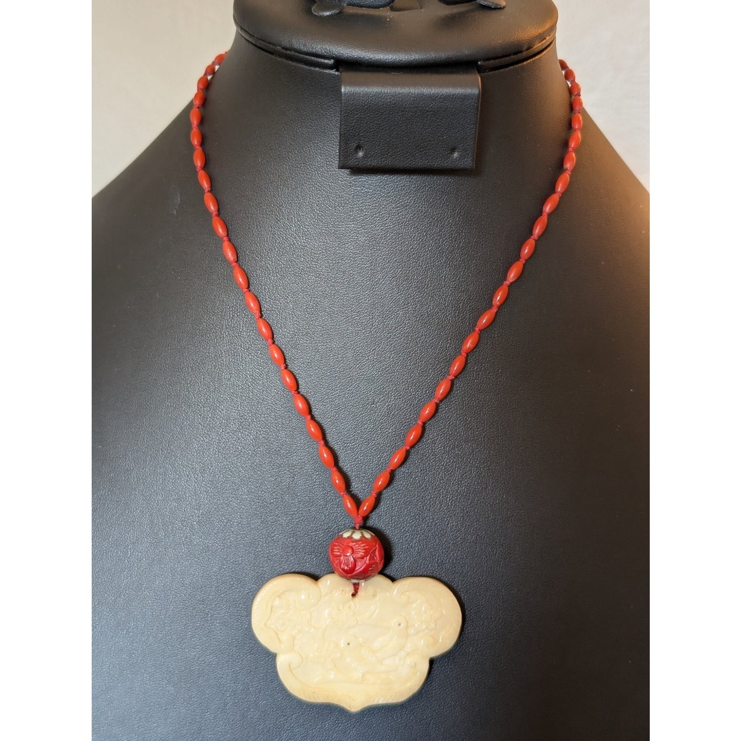 Antique Carved Birds Asian Medallion Hand-Knotted Beaded Necklace