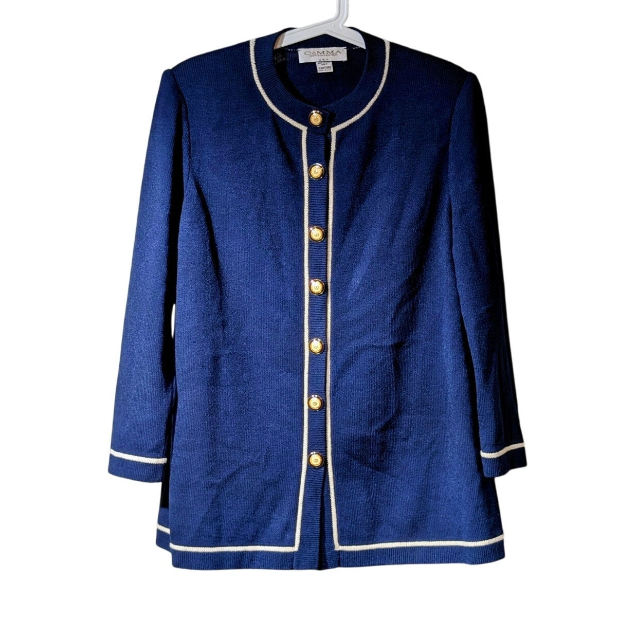 Vtg Comma Knit Collection Couture Blue Cream Santana Nautical Cardigan Sweater