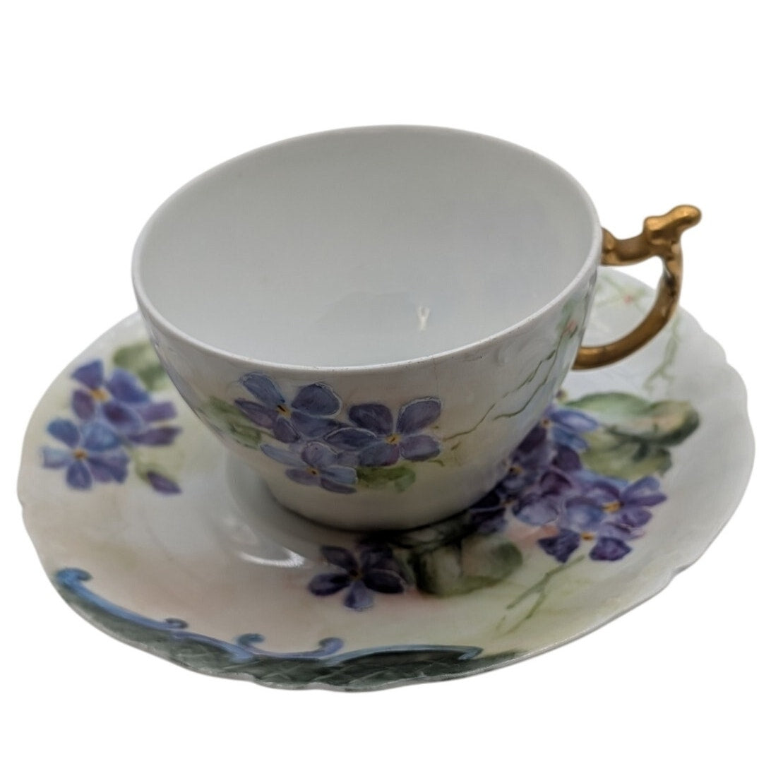 Jpl Jean Pouyat Limoges French Tea Cup And Saucer Purple Violet Flower Gold