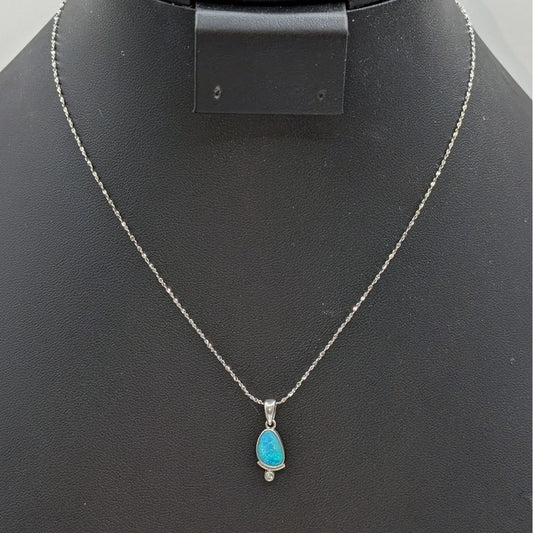 Vtg 925 Sterling Silver Opal White Sapphire Pendant 16" Sparkle Chain Necklace