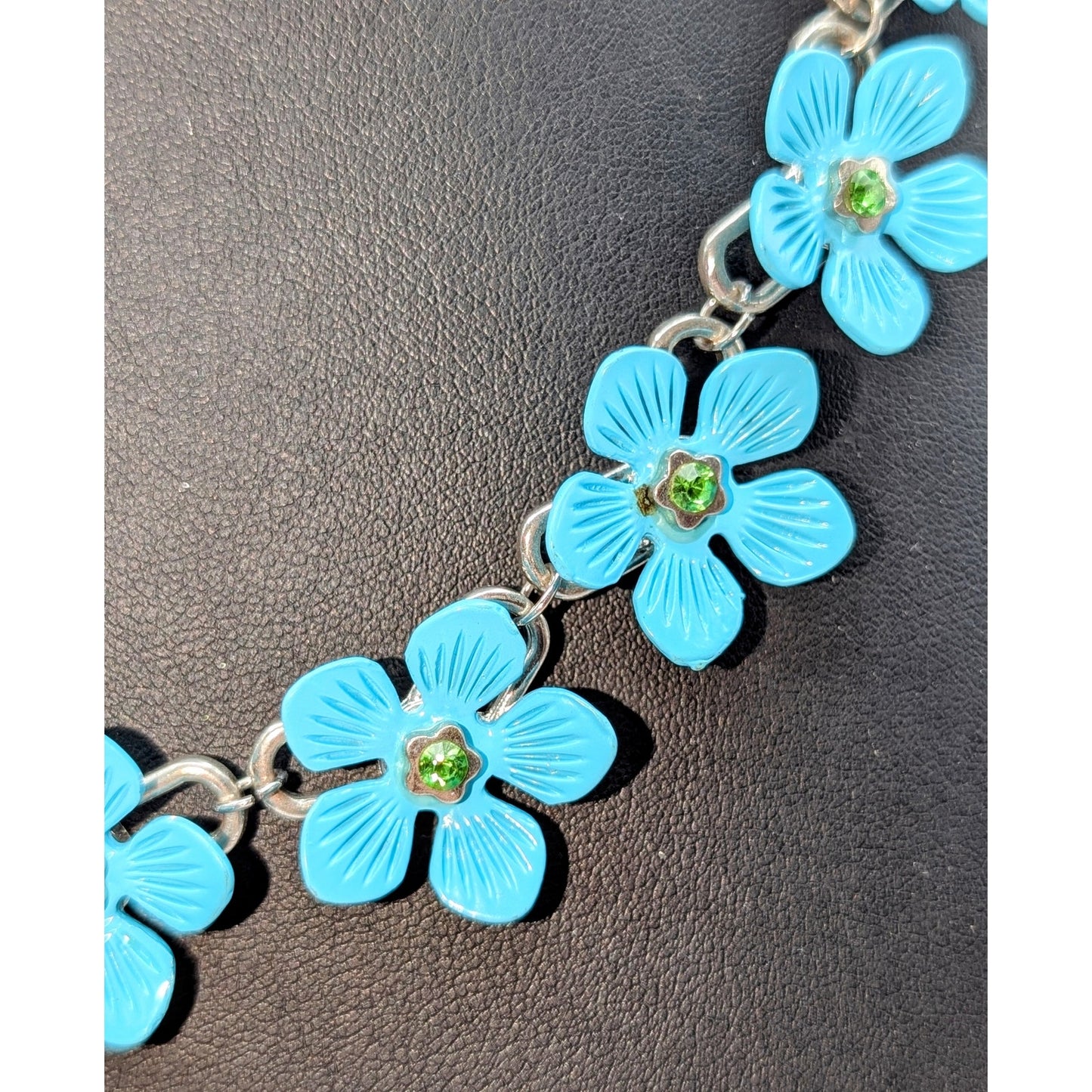 Nine Blue Metal Green Crystal Flowers on Silver Tone Chain 18"-21" Necklace