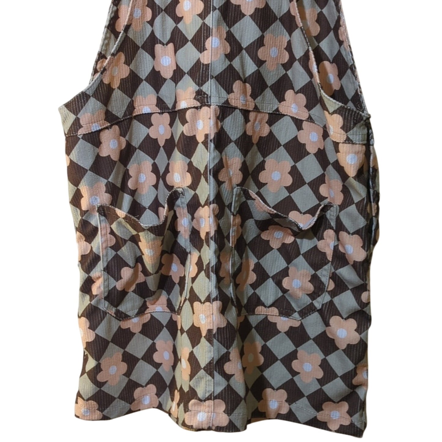 Storia Retro Daisy Checkered Corduroy Overall Mini Dress Brown/Green Sz. Small