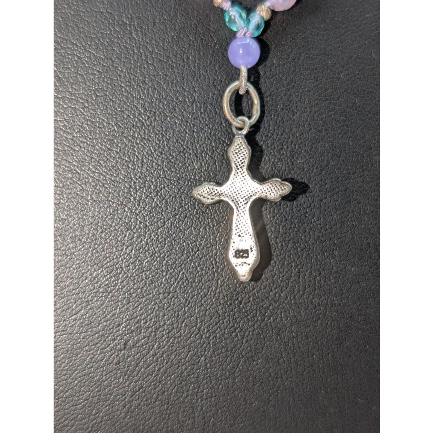 Lavender Blue Glass Bead 925 Sterling Cross 23" Necklace