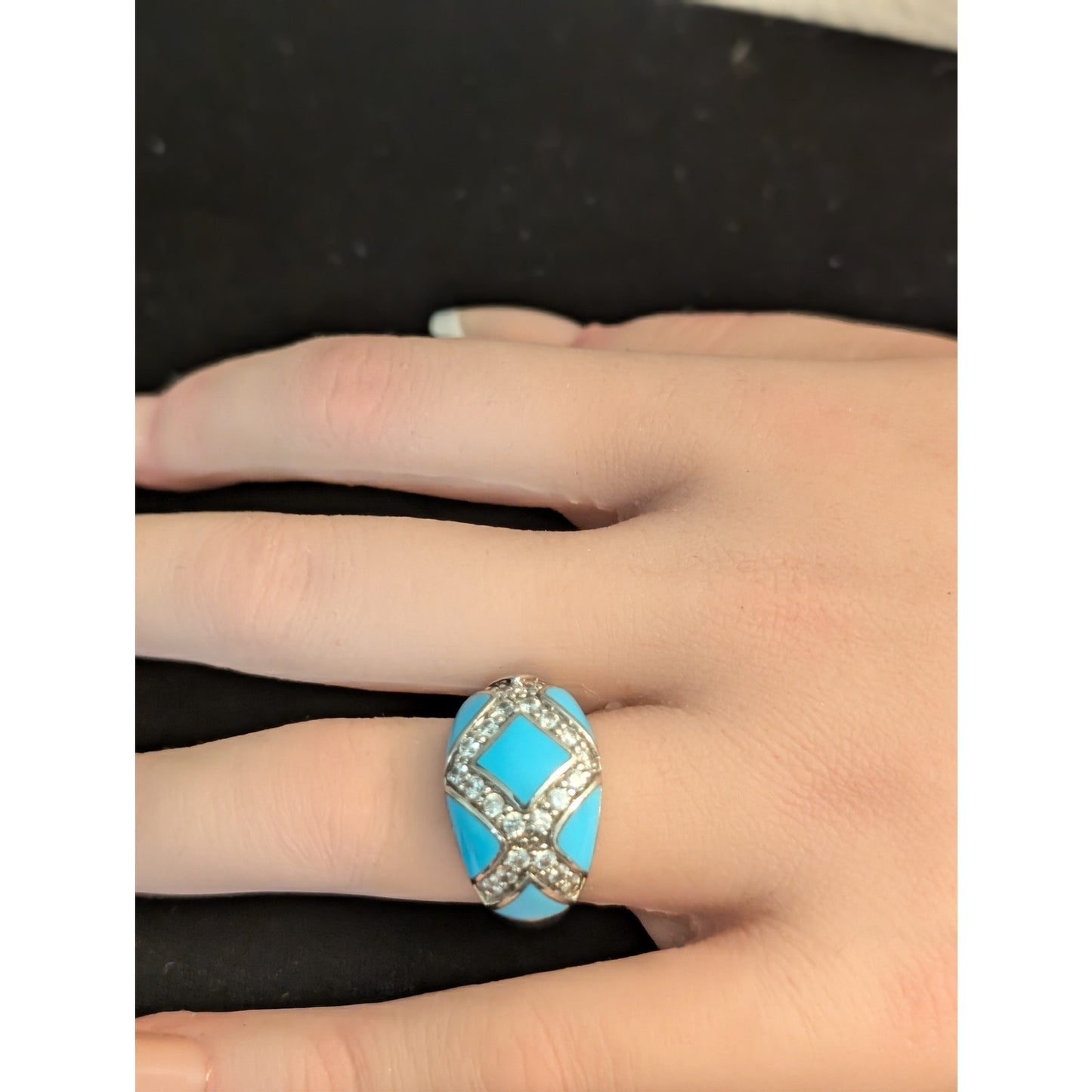 Turquoise Enamel & Pave Set Criss Cross CZ Sterling Silver Domed Ring Size 6.75