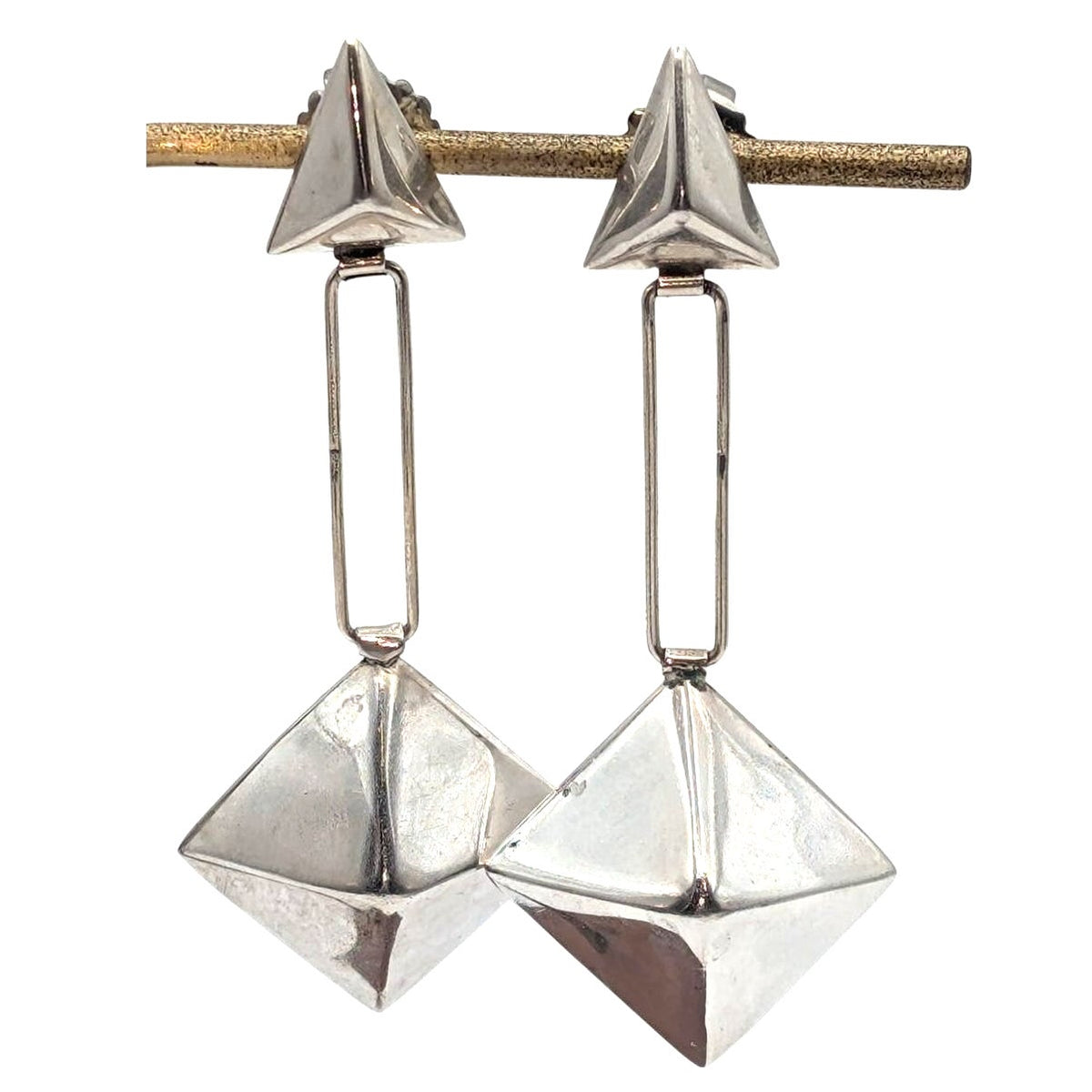 Vtg 925 Sterling Silver Geometric-Brutalist Style 3D Dangle Statement Earrings