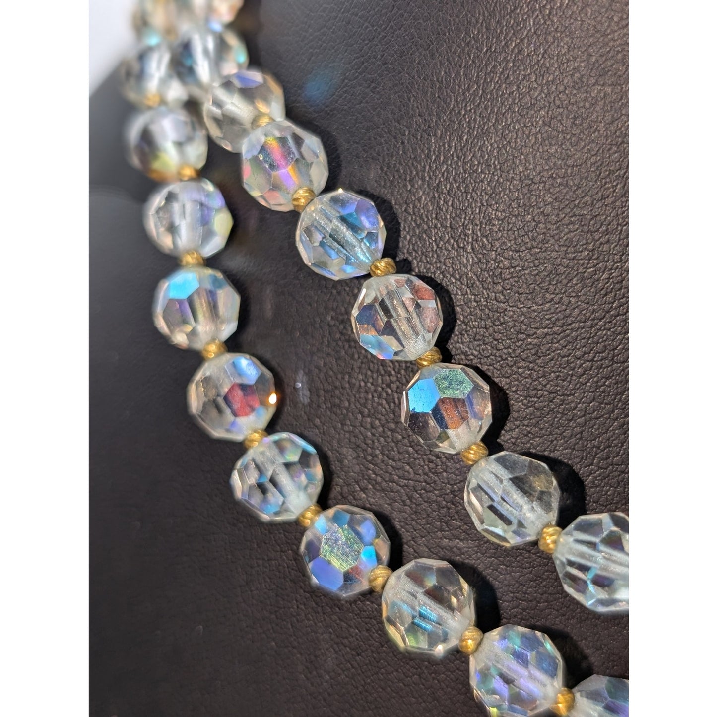Vintage Double Strand Aurora Borealis Crystal Gold Bead  13"-15" Choker Necklace