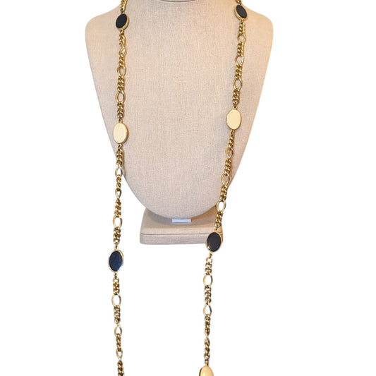 Vintage Gold Tone Chain W/ Navy & Cream Enamel Disk Stations 46" Necklace