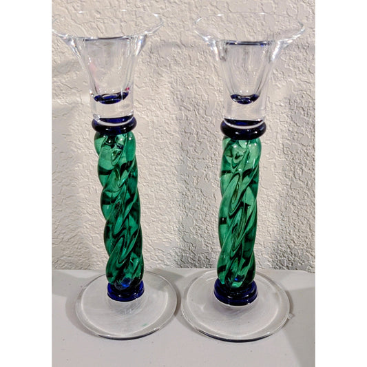 Pair of Green & Blue Twisted Glass Tulip Top Candle Holders
