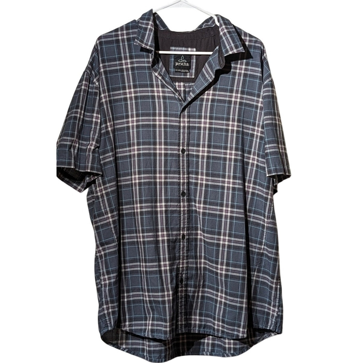 PrAna Gray Purple Plaid Button Up 100% Organic Cotton Men's Shirt Sz XXL