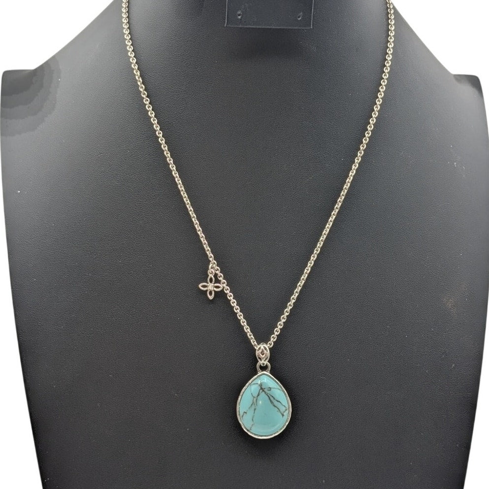 Fossil Faux Turquoise Teardrop Double Sided Pendant Bee Silver Tone Necklace