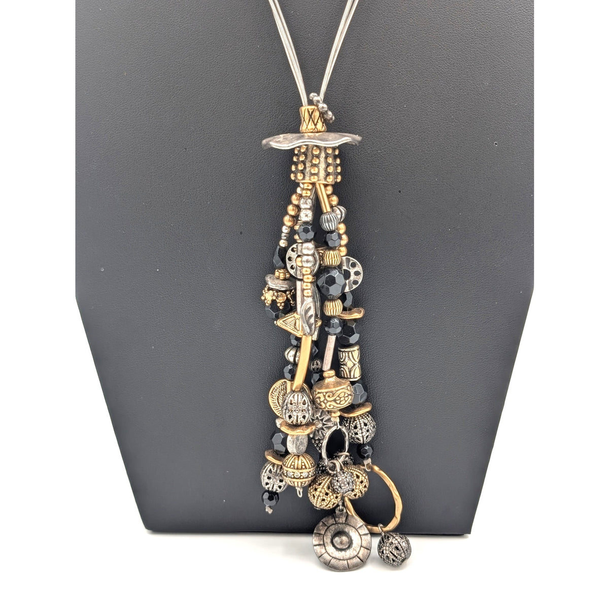 Industrial Three Cable Multi-Beaded Gold Silver Multi-Strand Tassel 24" Necklace
