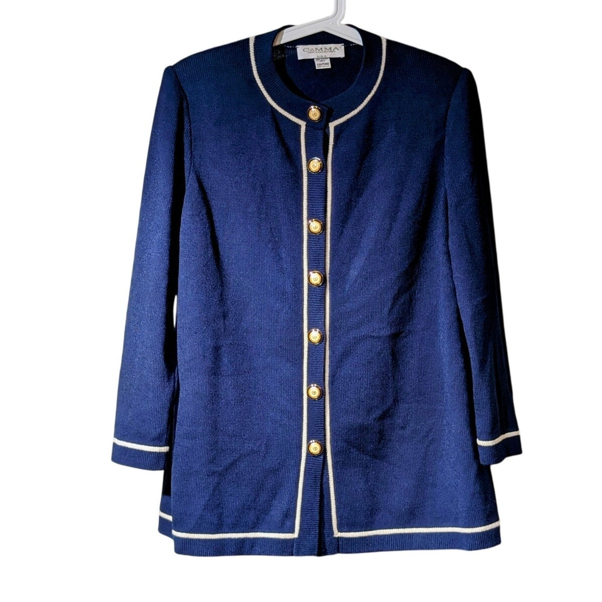 Vtg Comma Knit Collection Couture Blue Cream Santana Nautical Cardigan Sweater