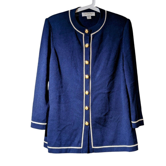 Vtg Comma Knit Collection Couture Blue Cream Santana Nautical Cardigan Sweater